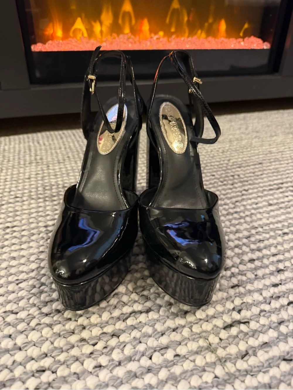 Express Black Patent Platform Block Heels with Ankle Strap